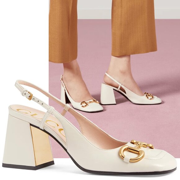 GUCCI SHOES HORSEBIT WHITE LEATHER SLIGNBACK GOLD MIRROR HEEL sz 41.5 11.5 - Picture 1 of 15